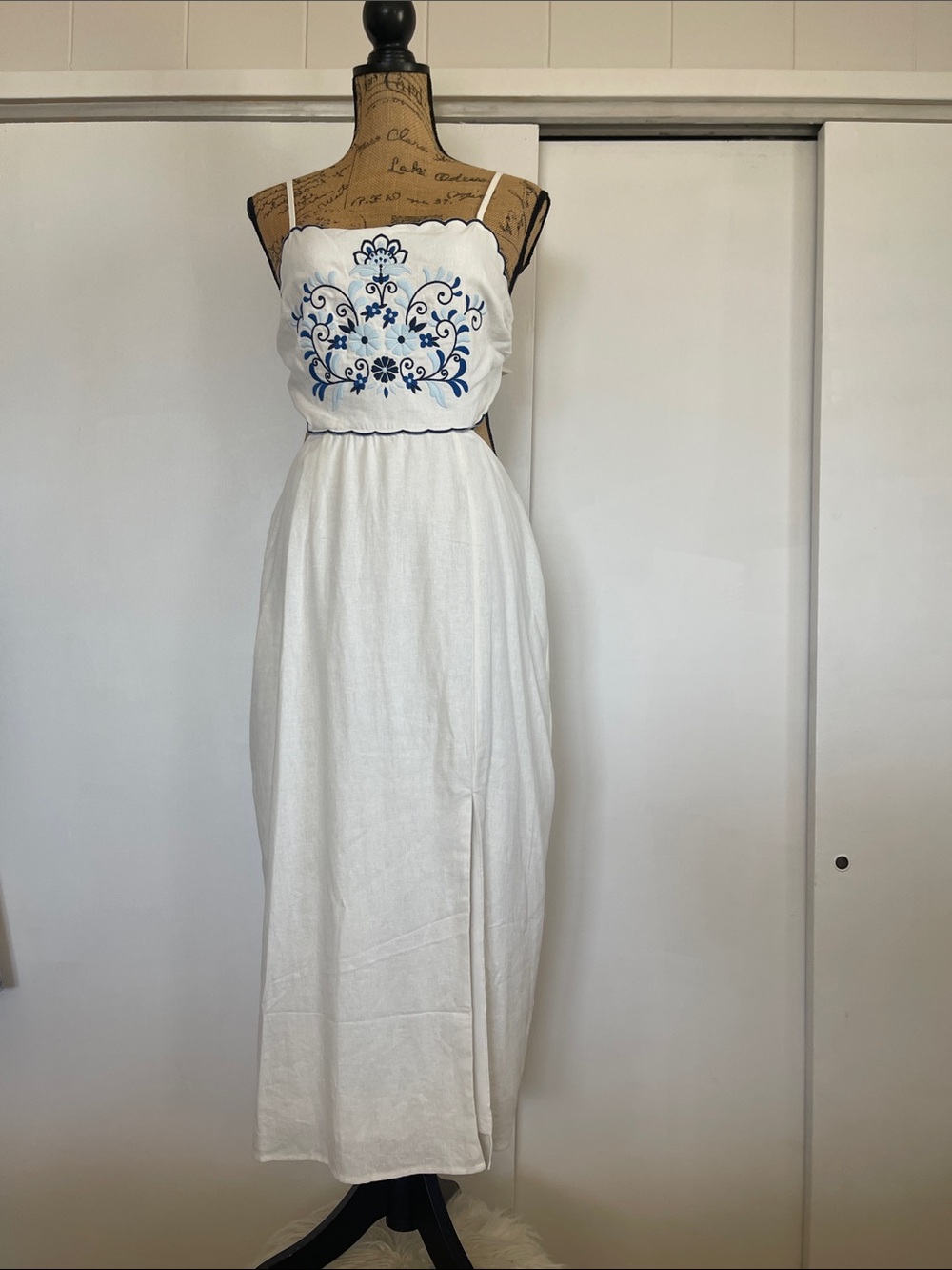 Strapless White Midi Dress with Blue Embroidery
